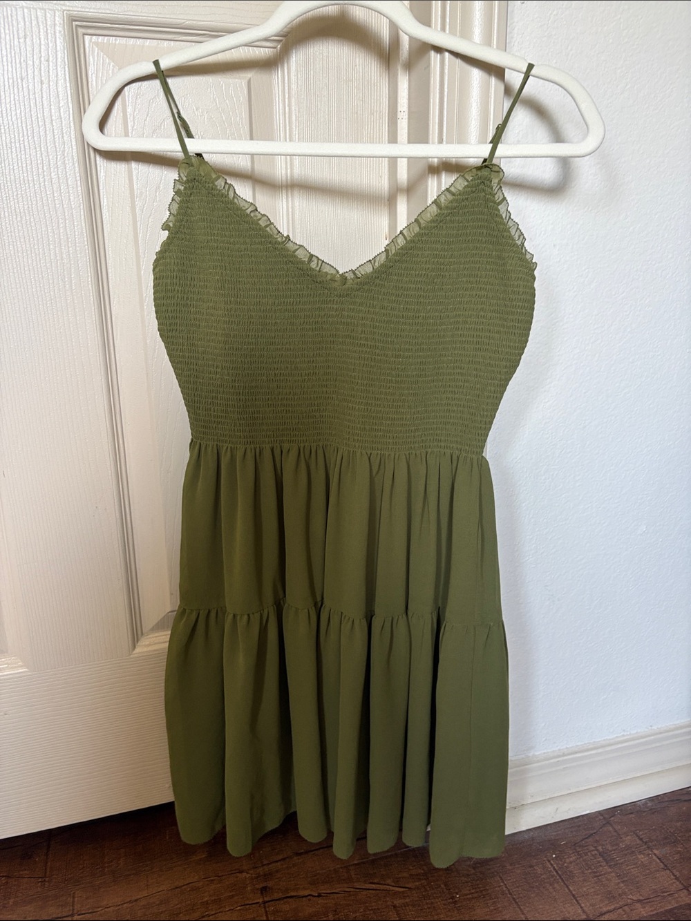 Aritzia Olive Green Smocked Tiered Mini Dress